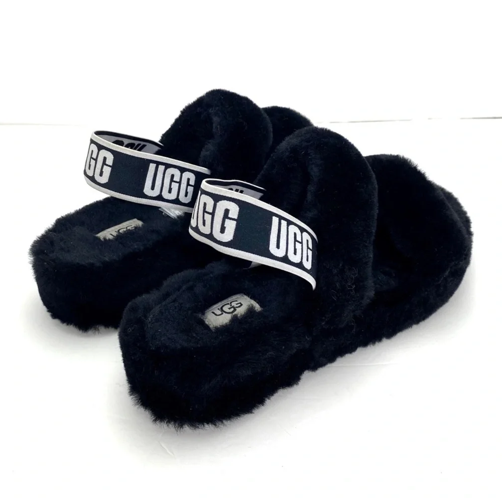 Ugg Oh Yeah Fur Double Strap Flat Sandals In Black Size 10